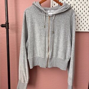 Good American Gray Cropped Boxy Velour Hoodie